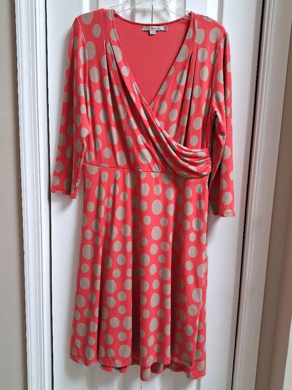 BODEN Rosebury Coral/Tan Polka Dot Jersey Wrap Dress sz 14 R